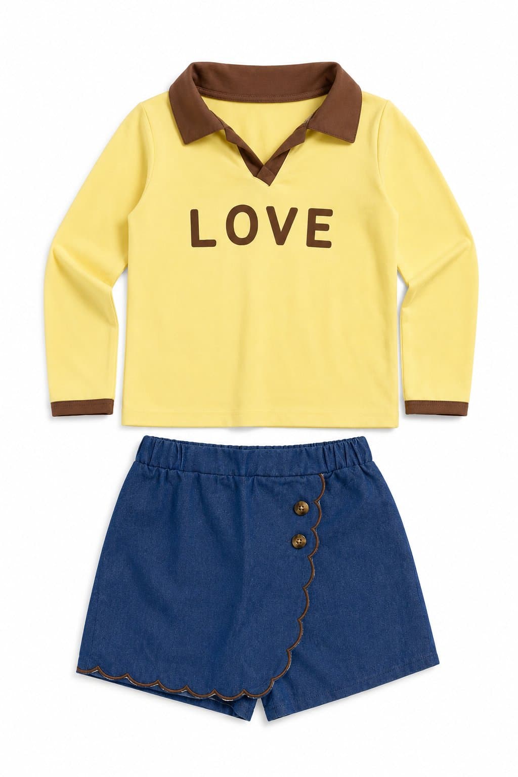 CONJUNTO POLO AMARILLO "LOVE" Y SKORT DENIM CON BOTONES — conjunto para niña