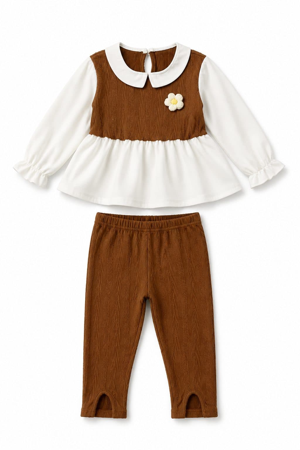 CONJUNTO BLUSA BICOLOR Y PANTALÓN CON APLIQUE DE MARGARITA — conjunto para niña