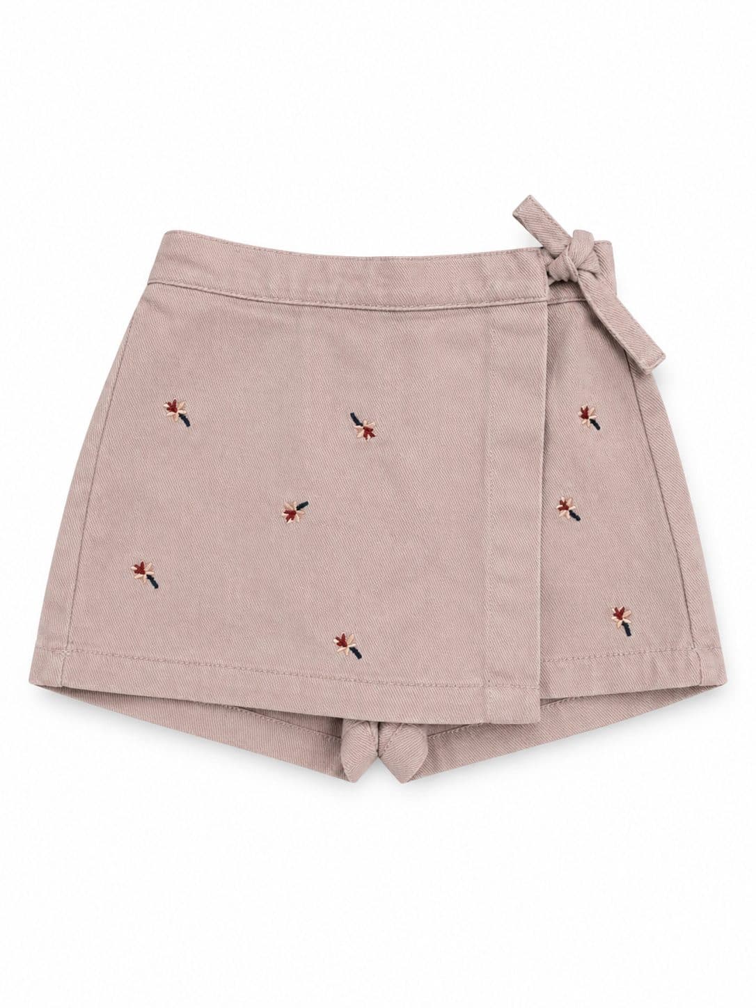 SKORT ROSADO PALO CON BORDADO FLORAL Y MOÑO LATERAL — pantalón para niña