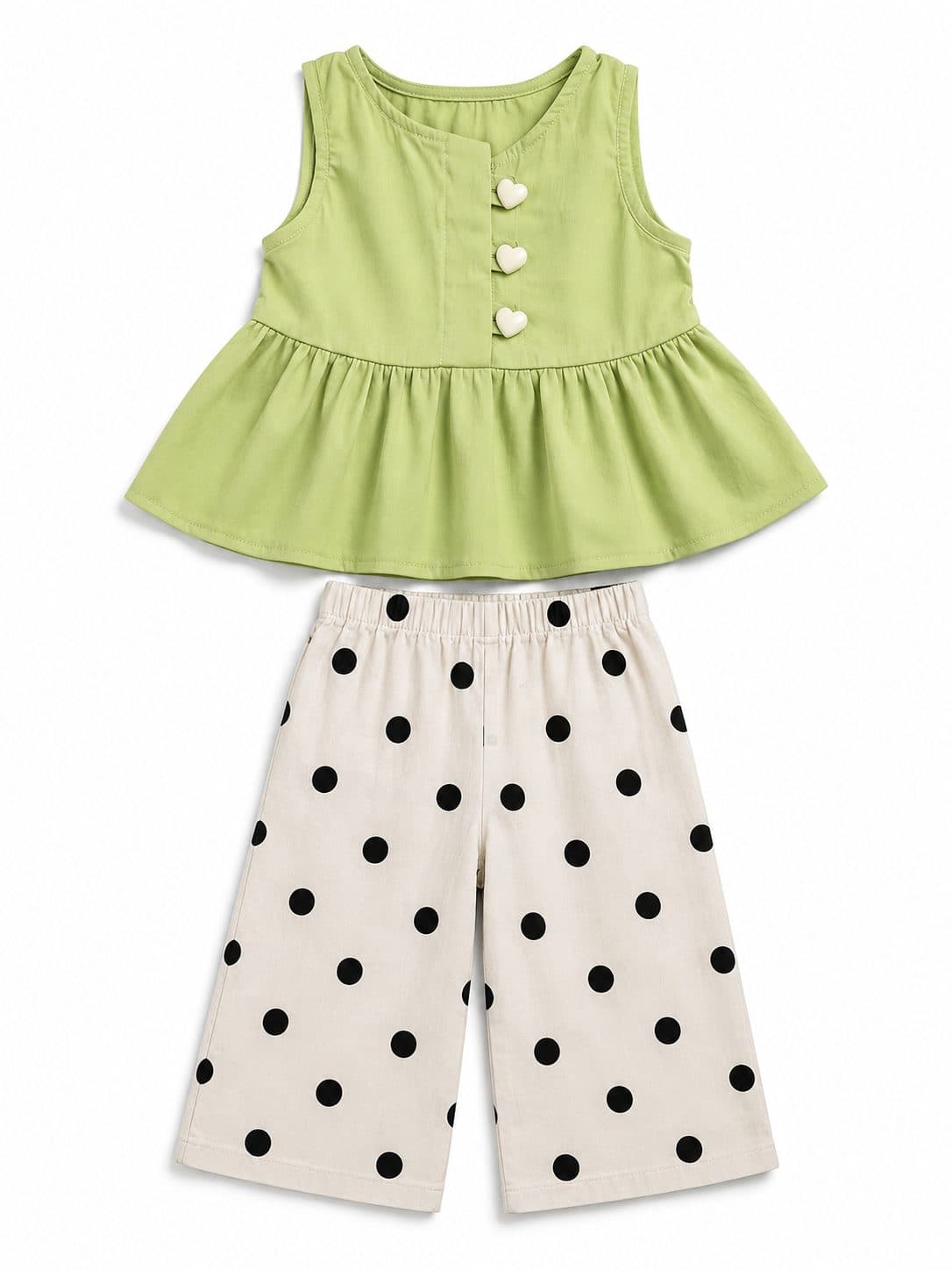 CONJUNTO TOP VERDE CON BOTONES CORAZÓN Y CULOTTE DE LUNARES — conjunto para niña