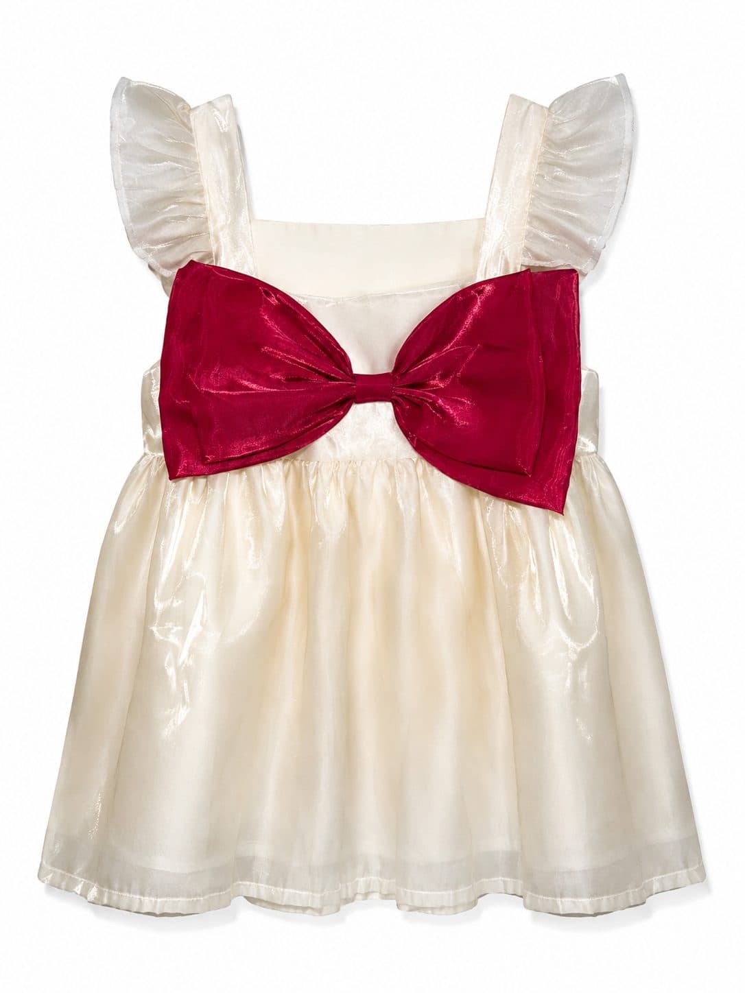 VESTIDO CREMA CON MOÑO ROJO Y TIRANTES VOLADOS — vestido para niña
