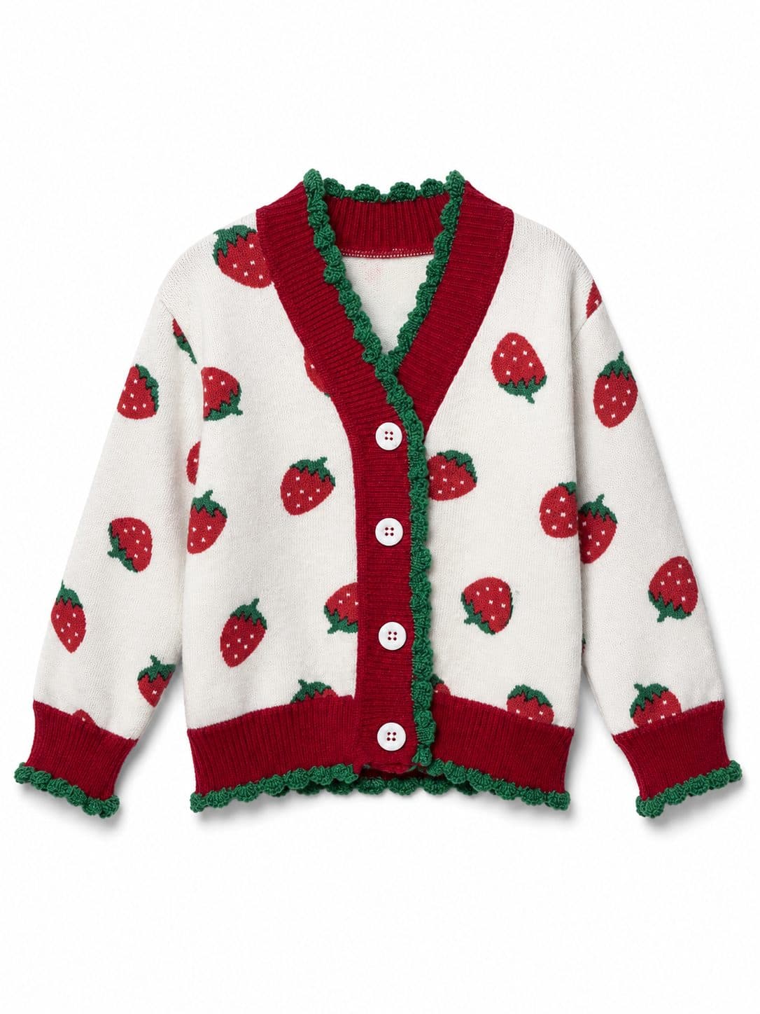 CARDIGAN TEJIDO CREMA CON ESTAMPADO DE FRESAS — casaca para niña