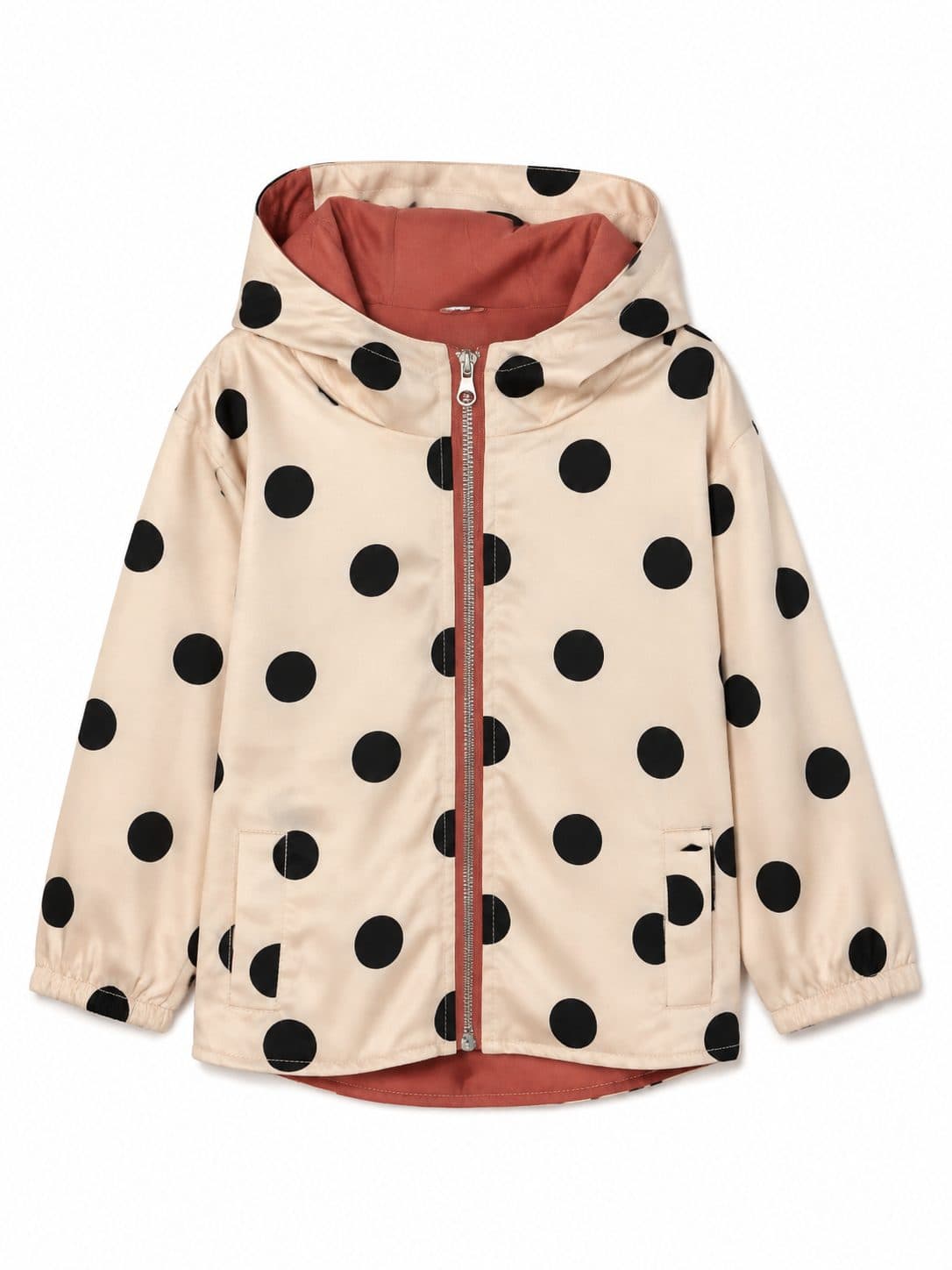 CASACA BEIGE CON LUNARES NEGROS Y FORRO TERRACOTA — casaca para niña