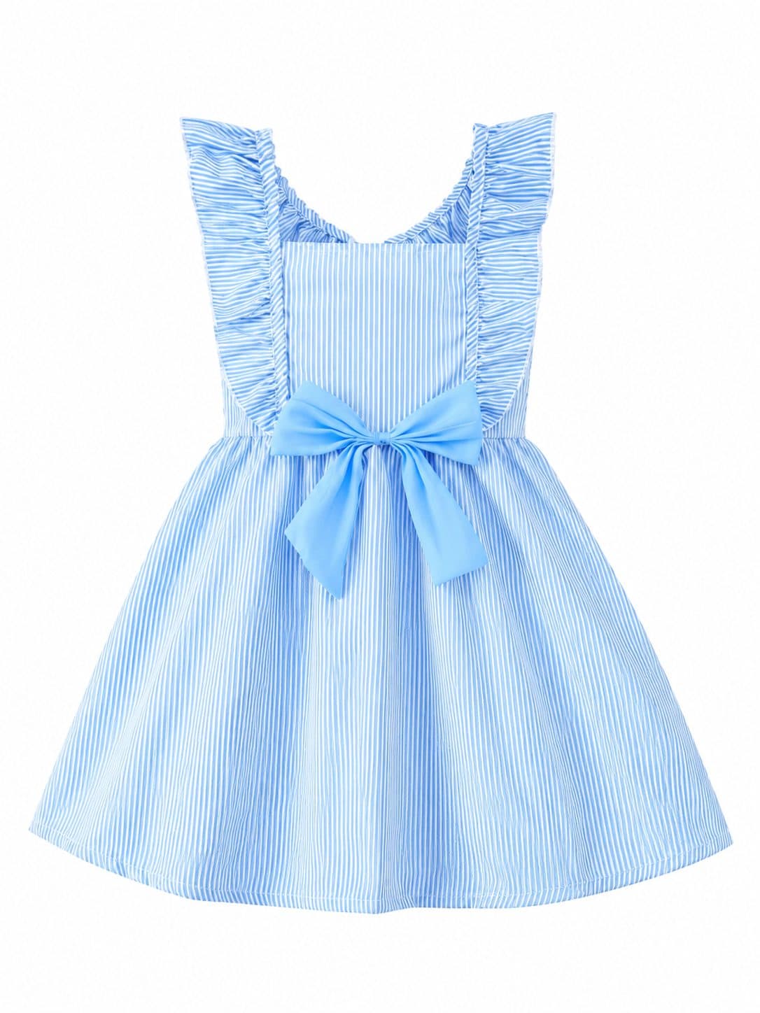 VESTIDO CELESTE A RAYAS CON VOLANTES Y LAZO — vestido para niña