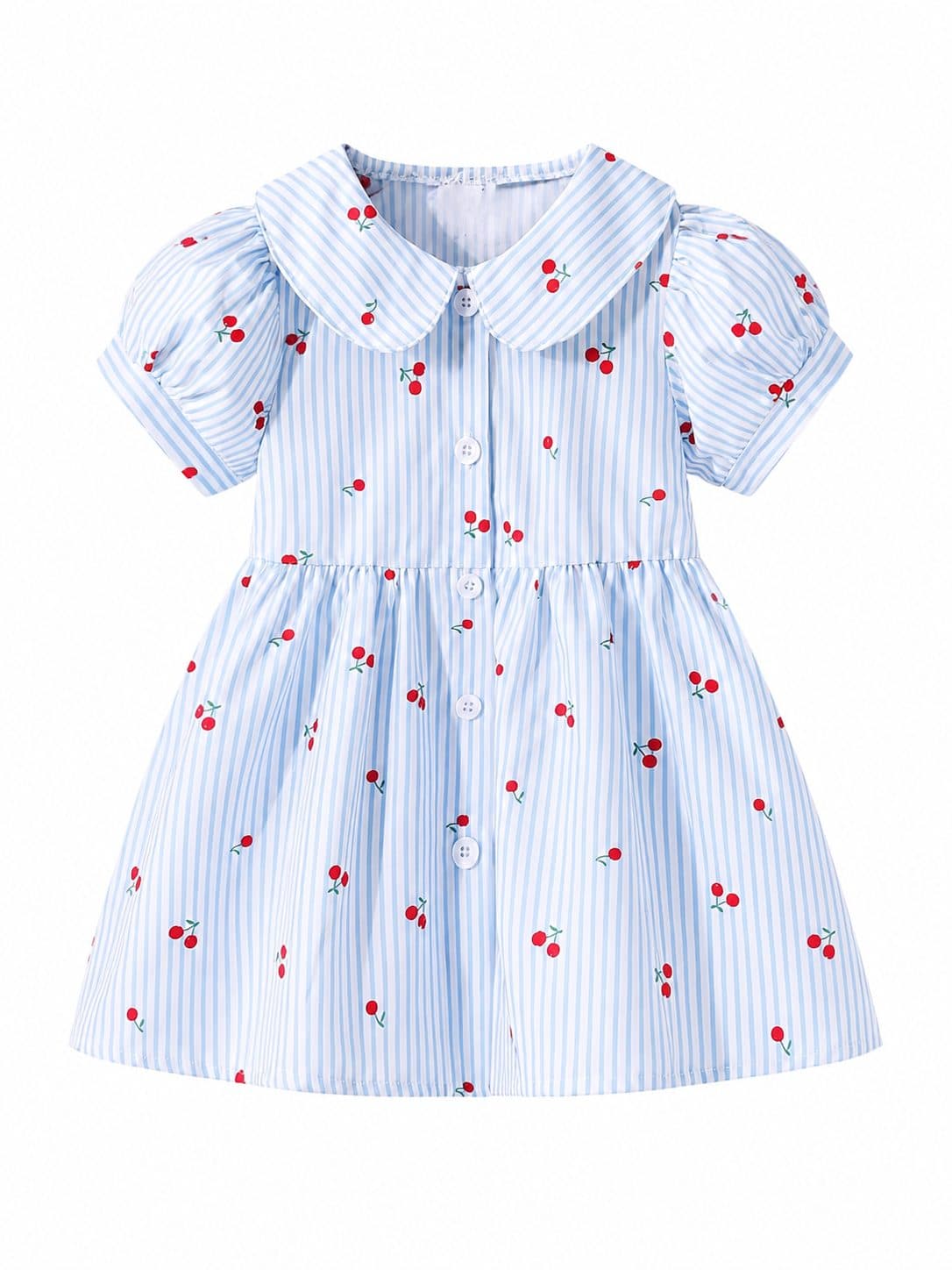 VESTIDO CELESTE A RAYAS CON CUELLO BEBÉ Y CEREZAS — vestido para niña
