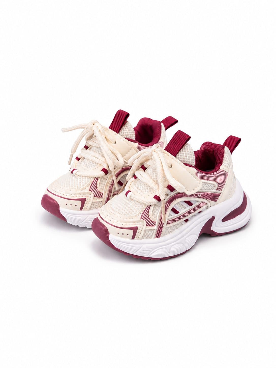 ZAPATILLAS DEPORTIVAS CREMA CON VINO Y CORDONES — zapatos para niña