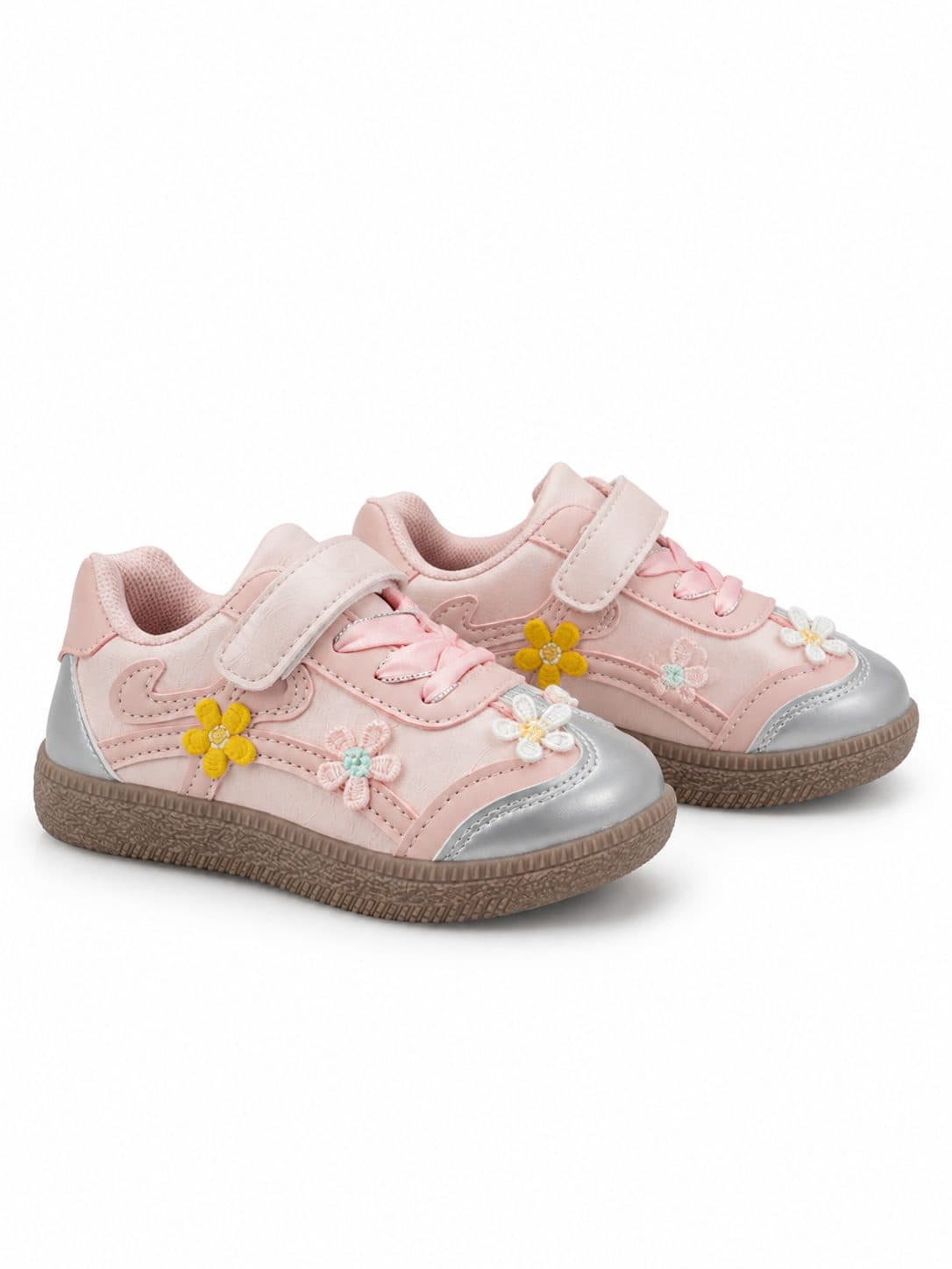 ZAPATILLAS ROSADAS CON FLORES BORDADAS Y DETALLE PLATEADO — zapatos para niña