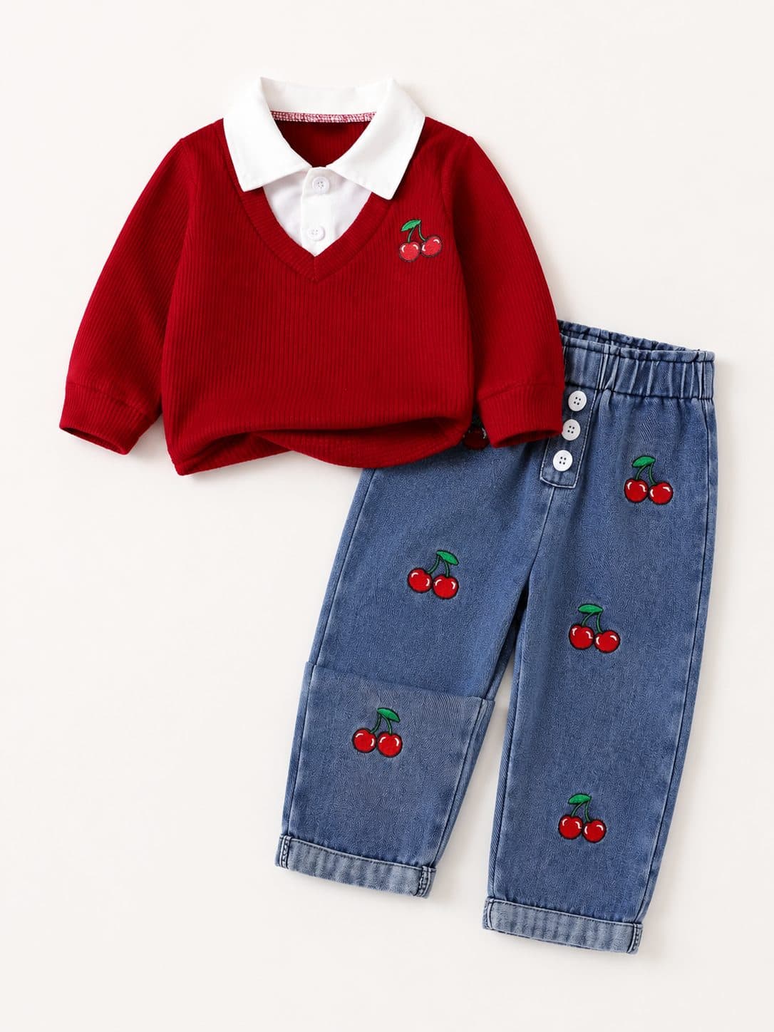 CONJUNTO POLO ROJO CON CUELLO BLANCO Y JEAN CON CEREZAS — conjunto para niña