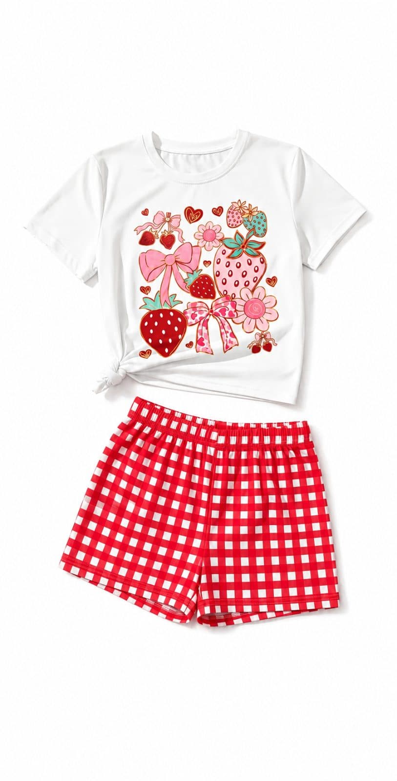 CONJUNTO POLO BLANCO "FRESAS Y LAZOS" CON SHORT VICHY ROJO — conjunto para niña