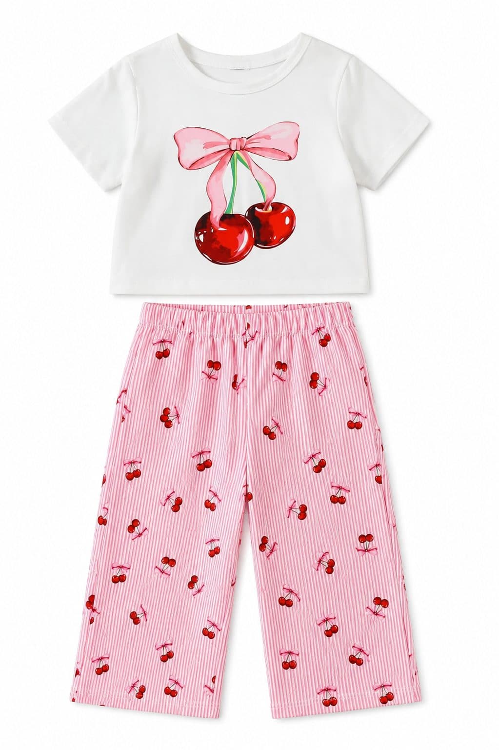 CONJUNTO POLO BLANCO CON CEREZAS Y PANTALÓN  — conjunto para niña