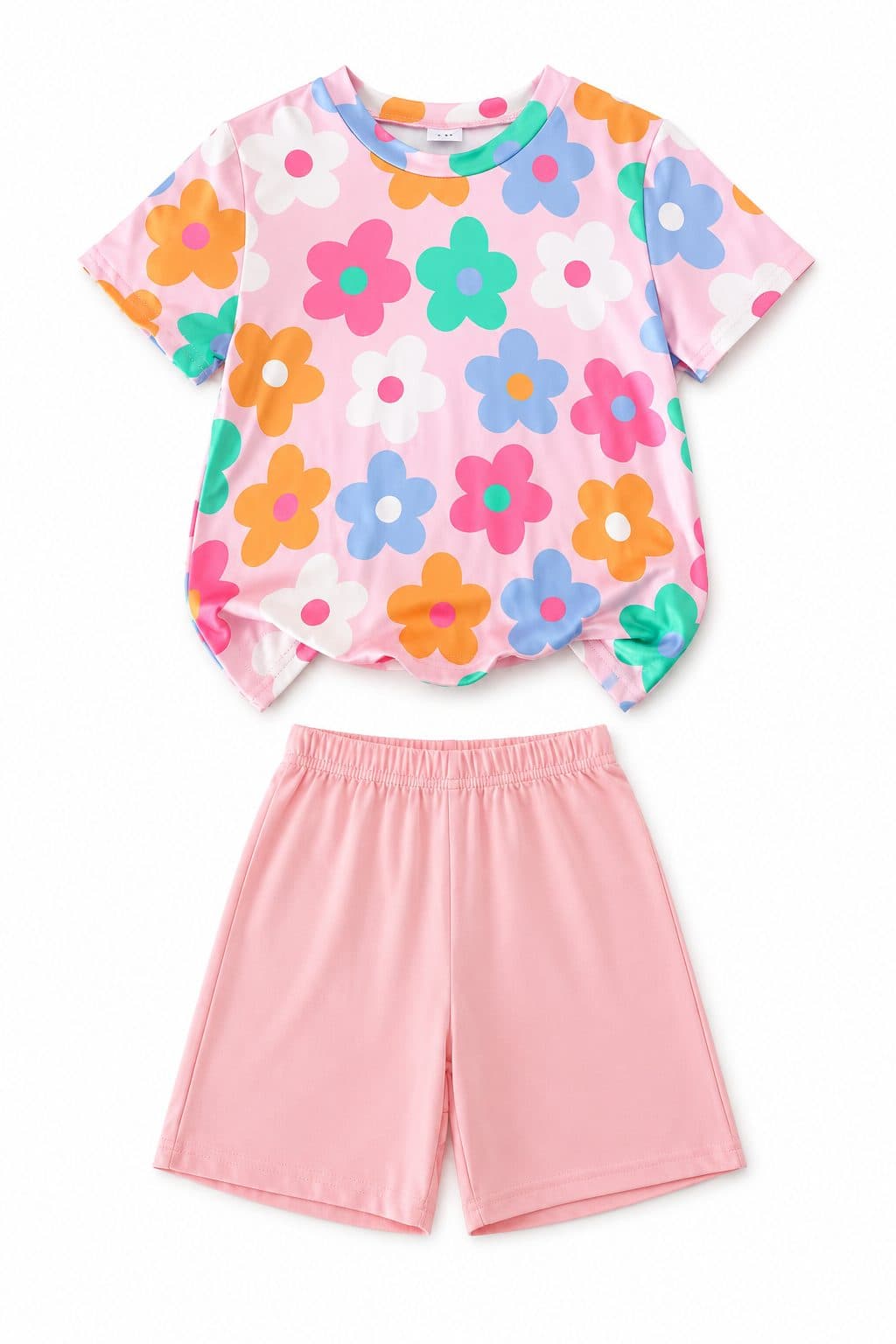 CONJUNTO POLO FLORAL RETRO Y SHORT ROSADO — conjunto para niña