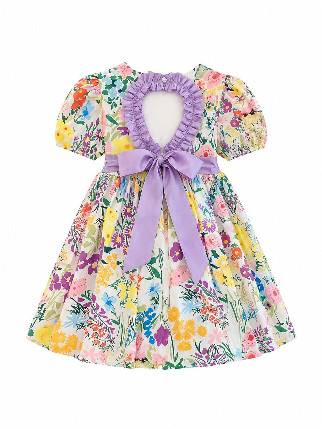 VESTIDO FLORAL MULTICOLOR CON ESPALDA DESCUBIERTA Y LAZO LILA — vestido para niña