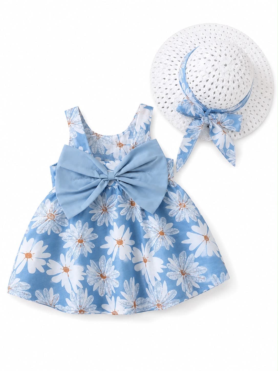 VESTIDO CELESTE CON SOMBRERO ESTAMPADO DE MARGARITAS CON LAZO — vestido para niña