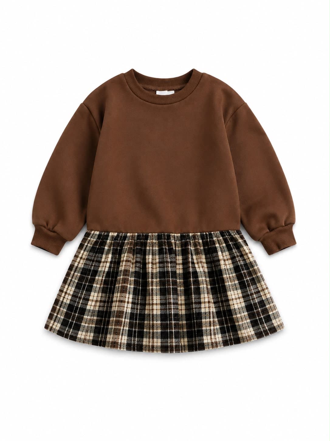 VESTIDO MARRÓN Y BORDADO A CUADROS — vestido para niña
