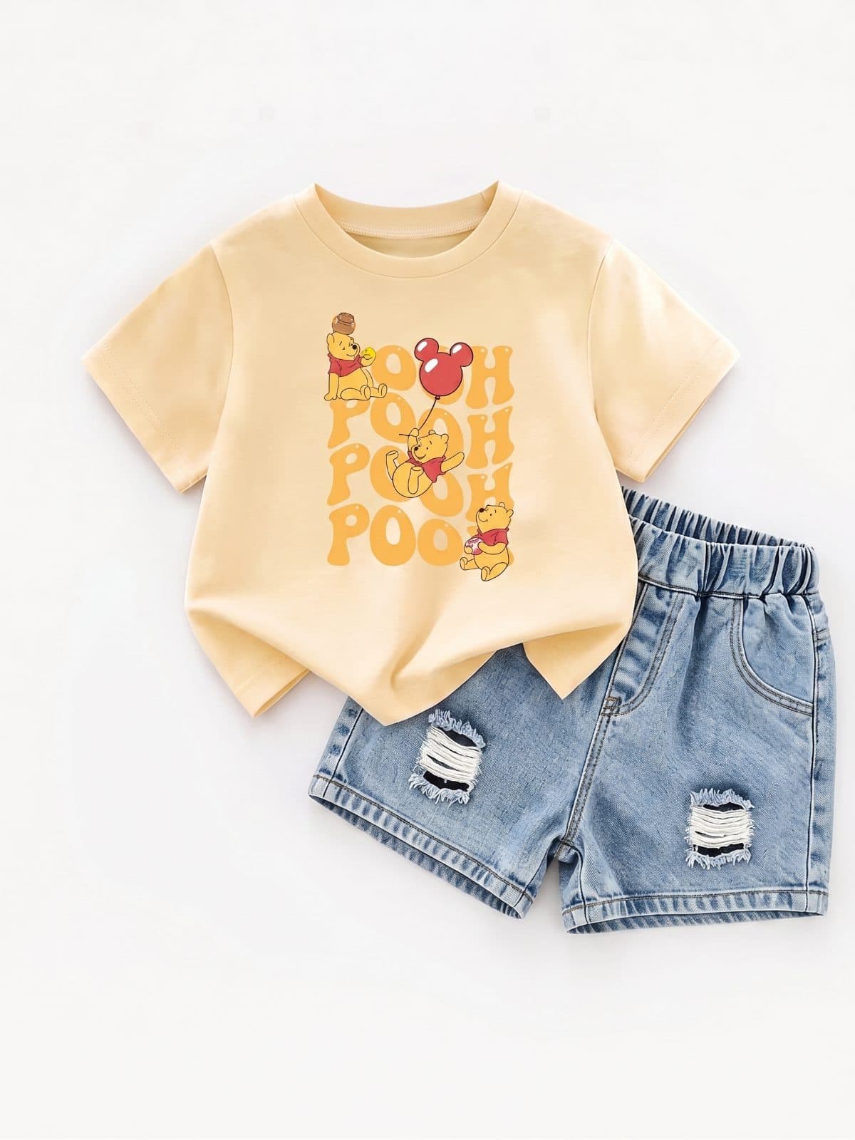 WINNIE POOH SET AMARILLO PASTEL Y SHORT JEAN — conjunto para niña