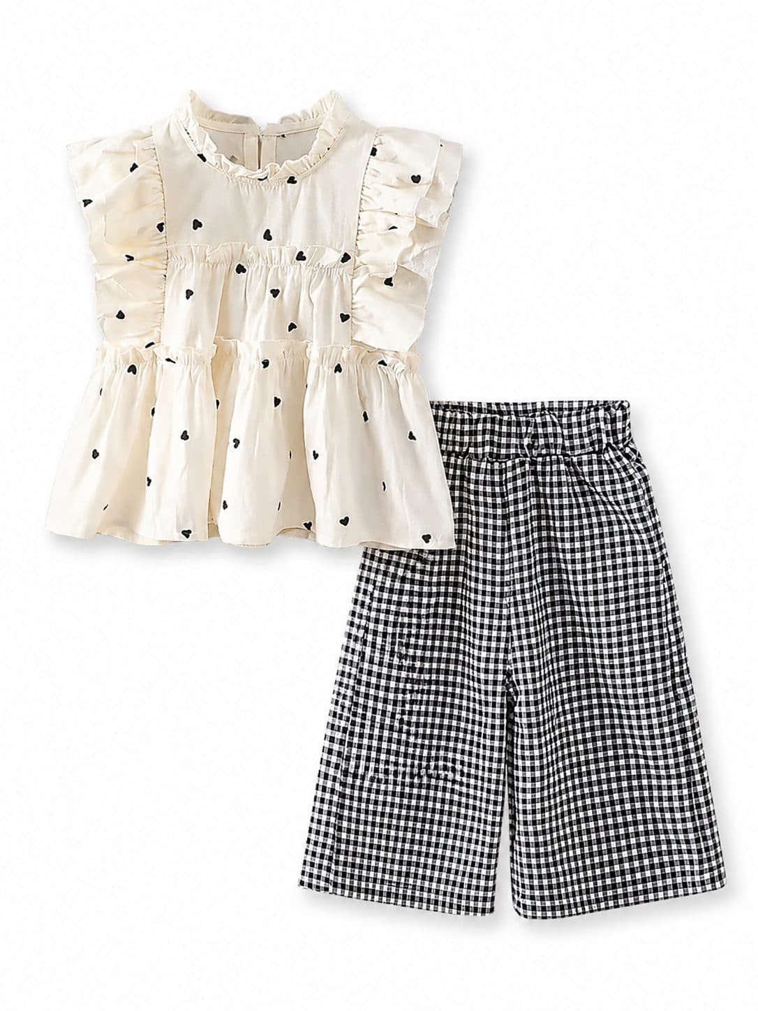CONJUNTO NIÑA BLUSA CREMA CORAZONES Y PANTALÓN CUADRILLÉ — conjunto para niña