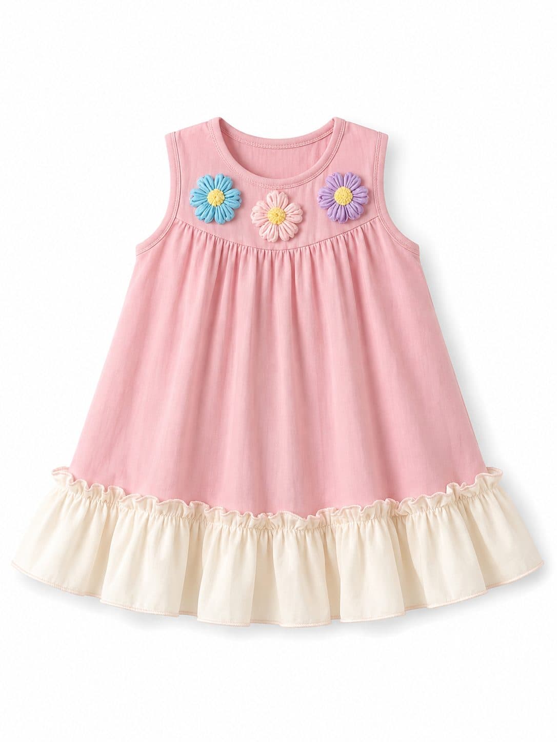 VESTIDO NIÑA ROSA FLORES BORDADAS CON VOLANTE — vestido para niña