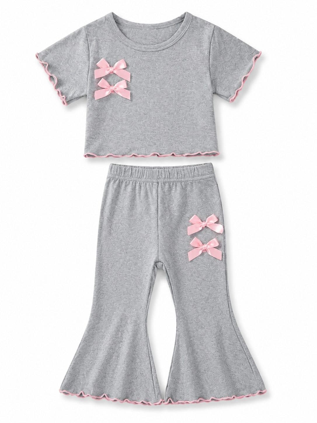 CONJUNTO NIÑA GRIS CROP TOP Y PANTALÓN CAMPANA — conjunto para niña