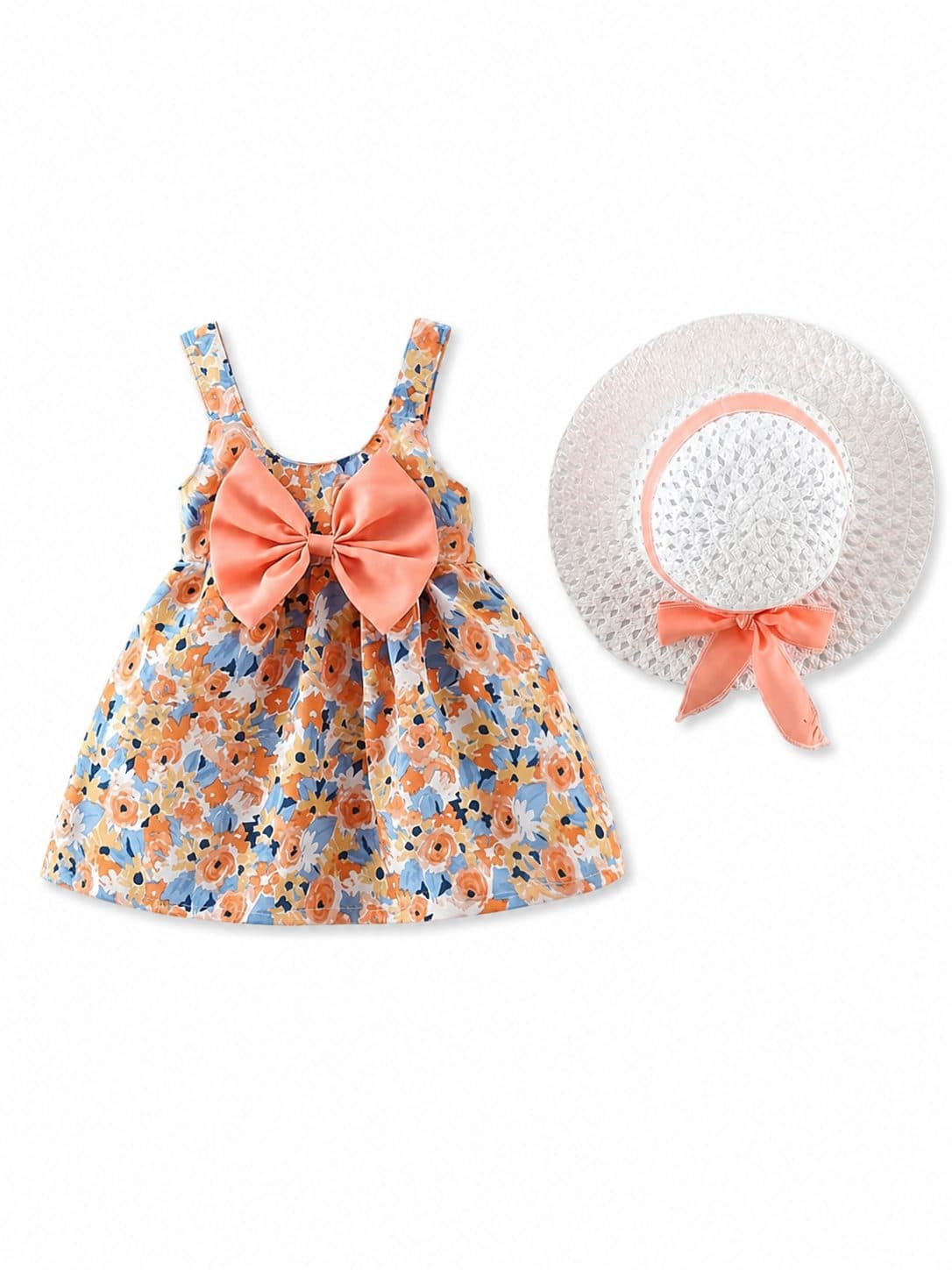 SET VESTIDO NIÑA FLORAL DURAZNO CON SOMBRERO — vestido para niña