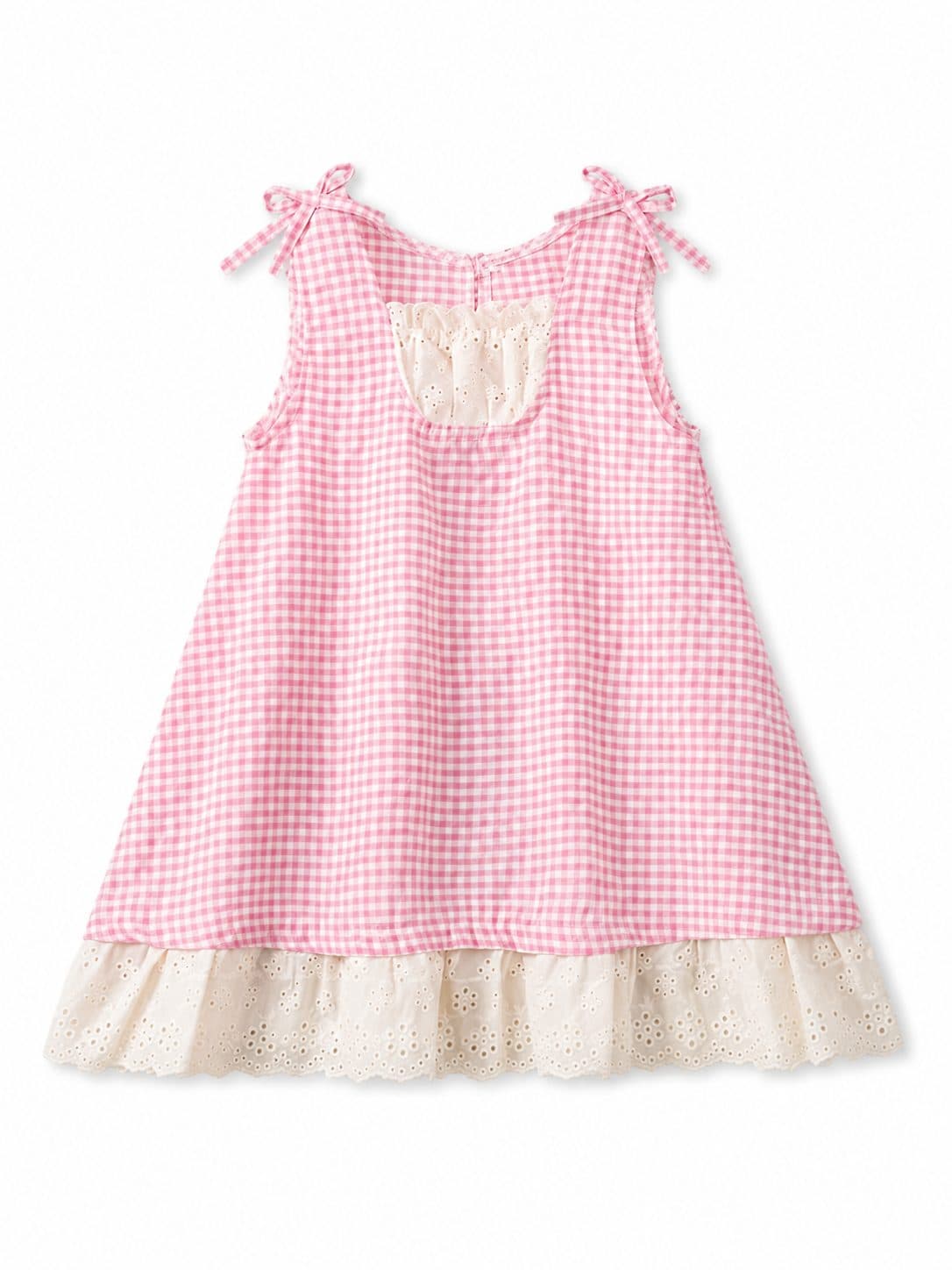VESTIDO NIÑA CUADRILLÉ ROSA CON RUEDO CREMA — vestido para niña