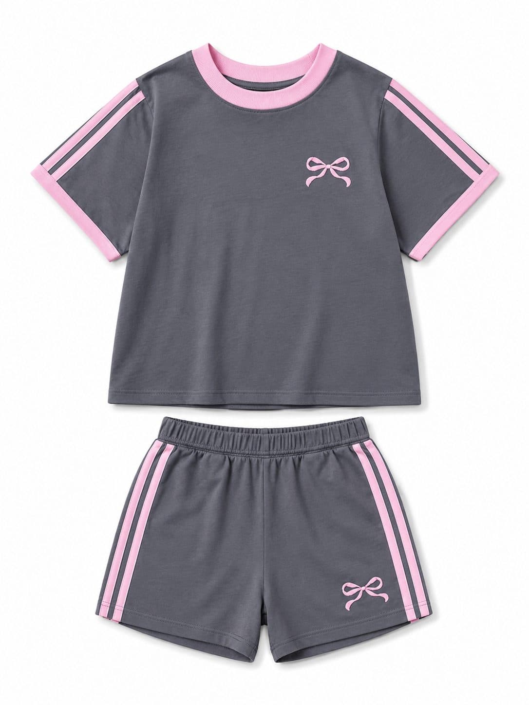 CONJUNTO NIÑA GRIS Y ROSA CON LAZO — conjunto para niña