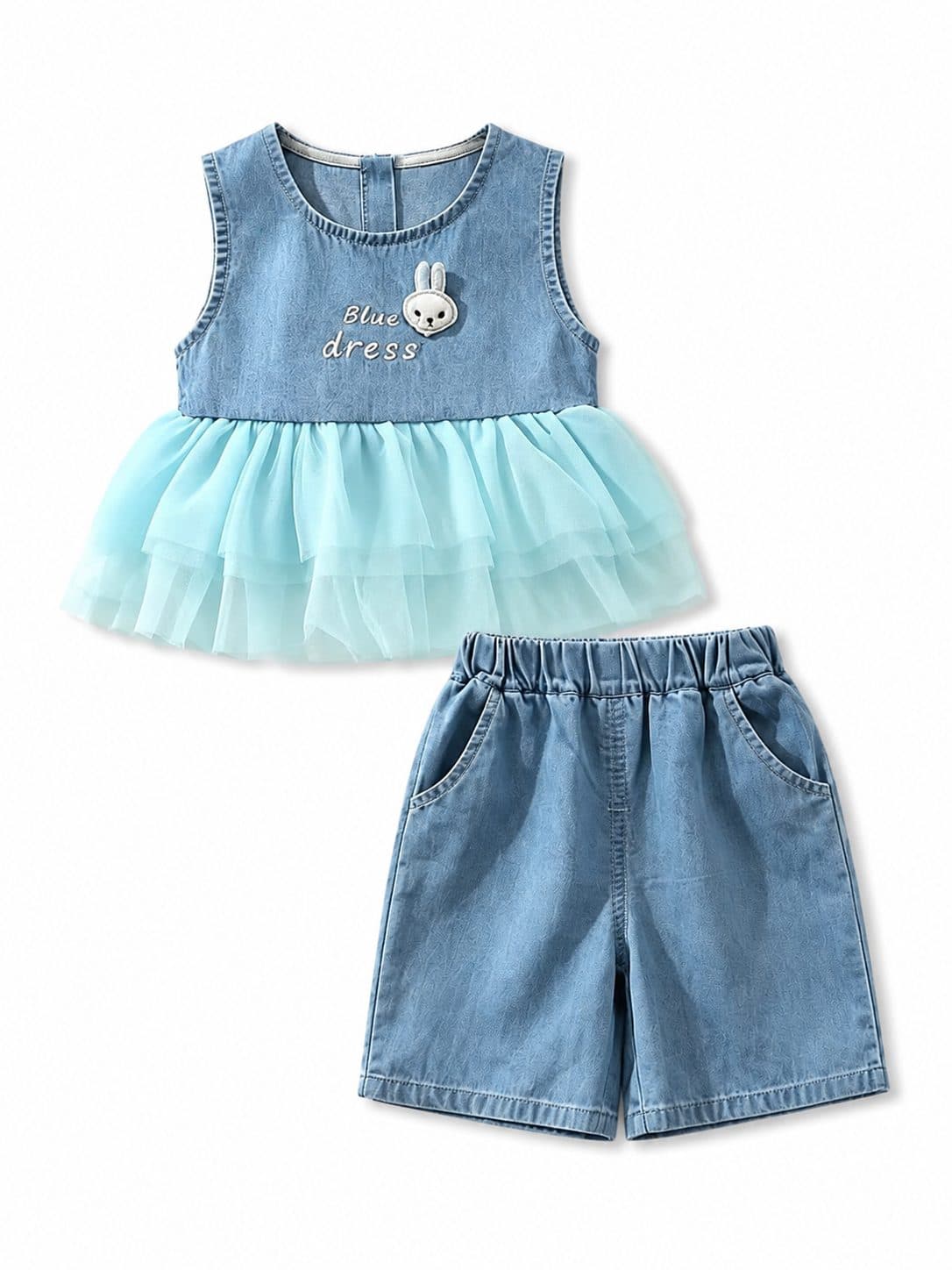 CONJUNTO NIÑA JEAN CON TUL CELESTE — conjunto para niña