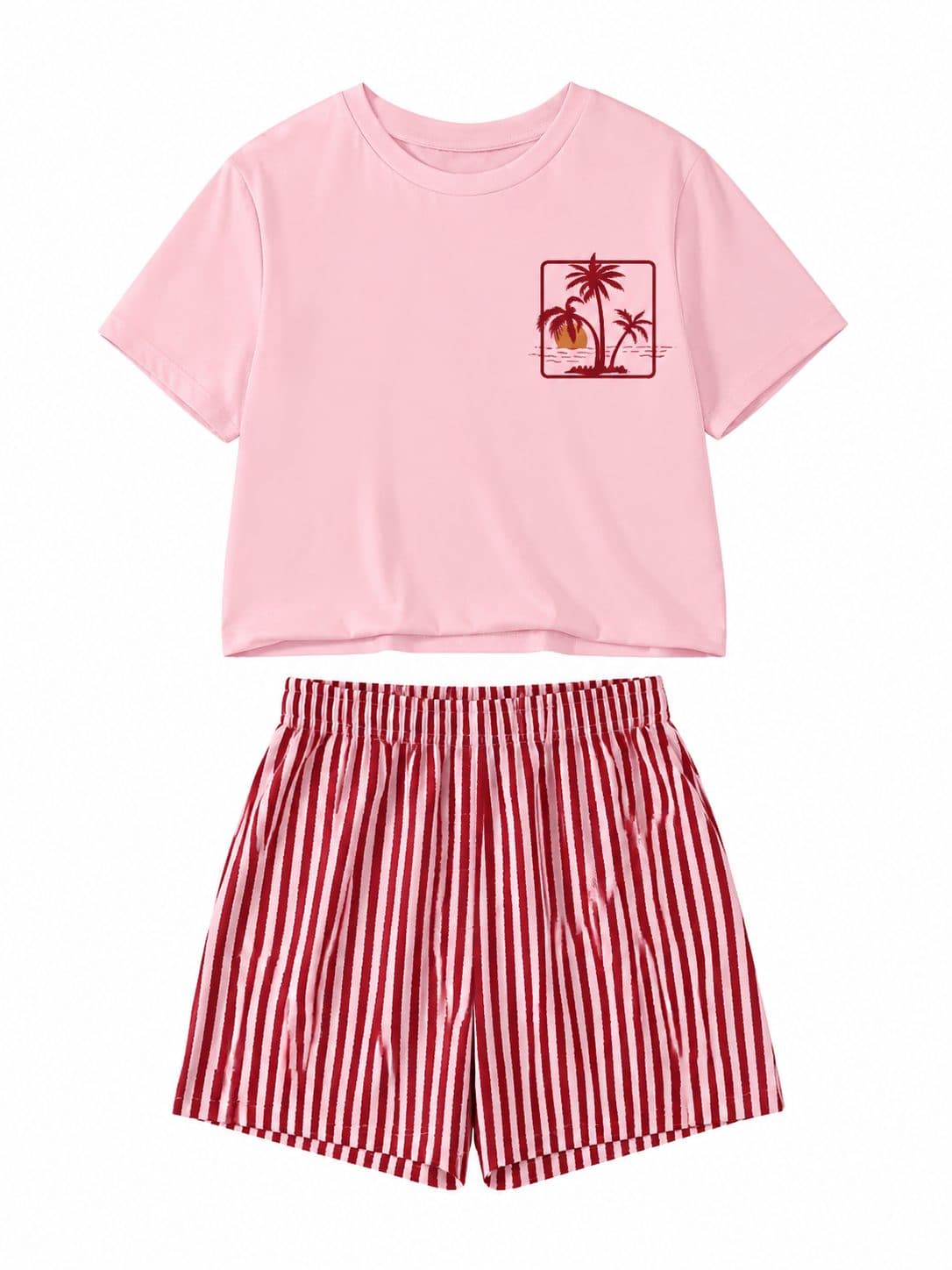 CONJUNTO NIÑA PALMERAS ROSA Y SHORT RAYADO — conjunto para niña