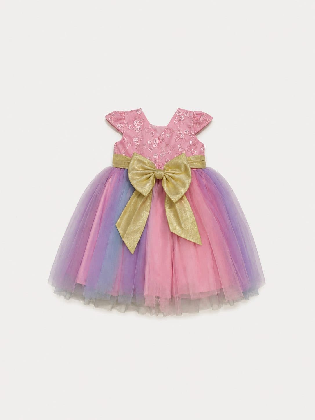 VESTIDO NIÑA TUL MULTICOLOR CON LAZO DORADO — vestido para niña