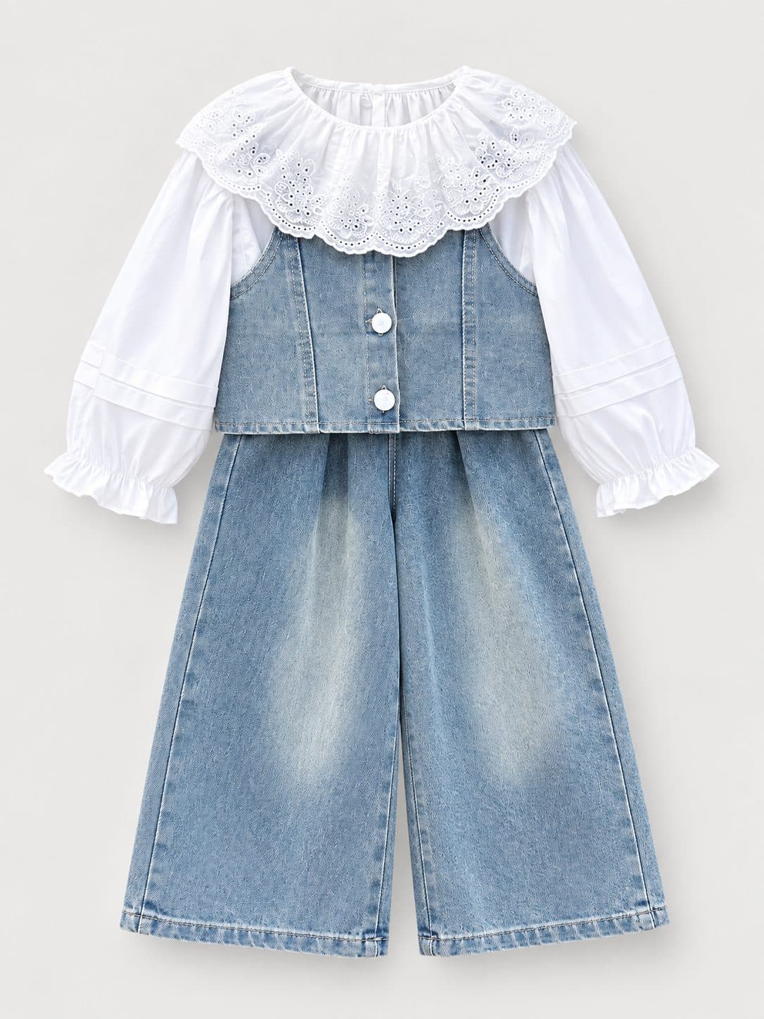 CONJUNTO CELESTE DE TRES PIEZAS CON JEAN — ropa importada para niña