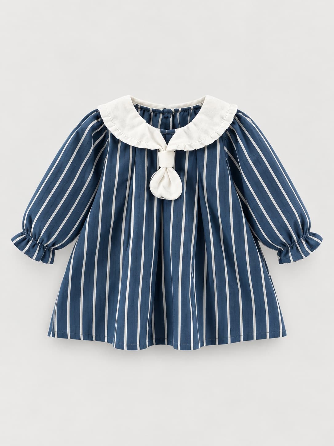 VESTIDO AZUL A RAYAS CON CUELLO Y LAZO — vestido para niña
