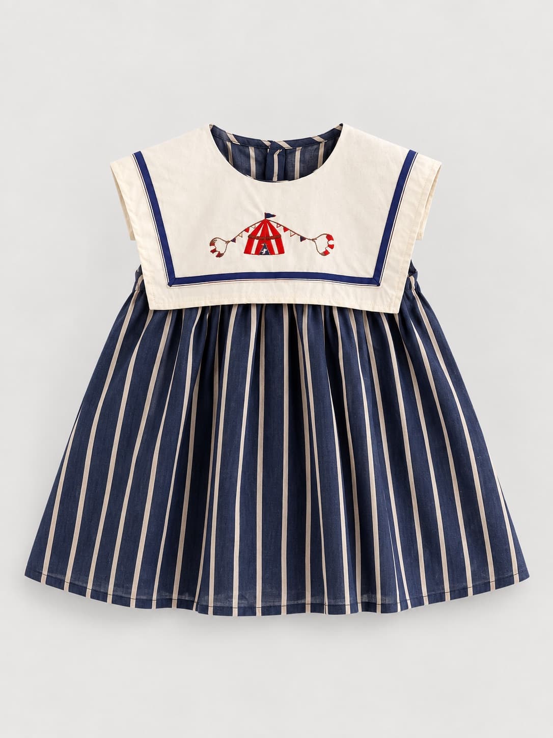 VESTIDO AZUL A RAYAS CON BORDADO — vestido para niña