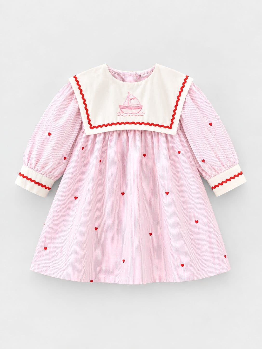 VESTIDO ROSA A RAYAS CON CUELLO MARINERO  — vestido para niña