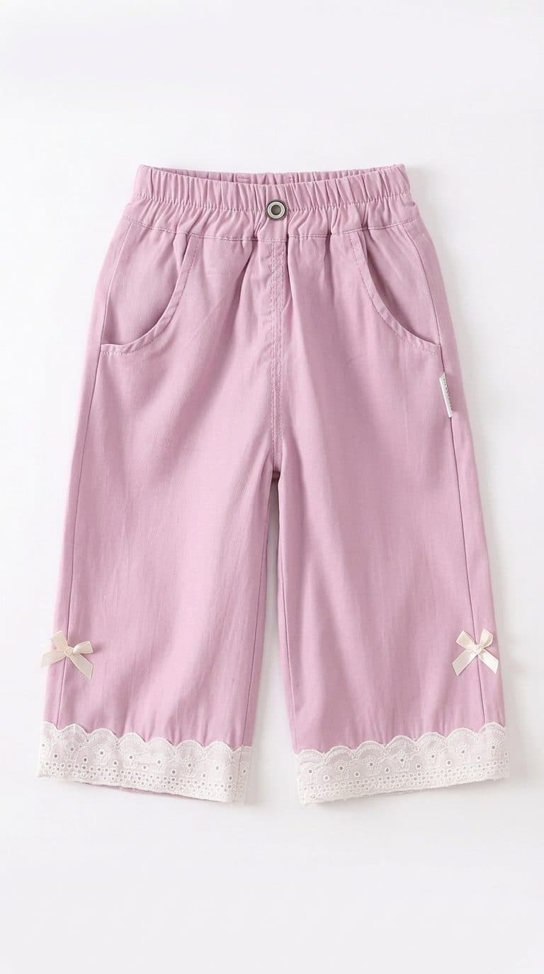 PANTALÓN CAPRI LILA PARA NIÑA CON ENCAJE Y MOÑOS — pantalón para niña
