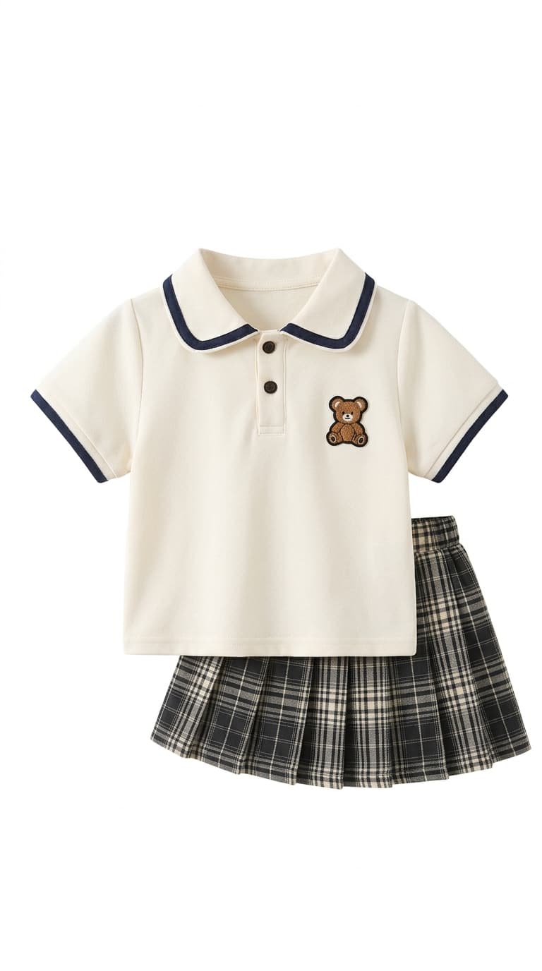 CONJUNTO POLO CREMA PARA NIÑA CON OSITO Y FALDA A CUADROS — conjunto para niña