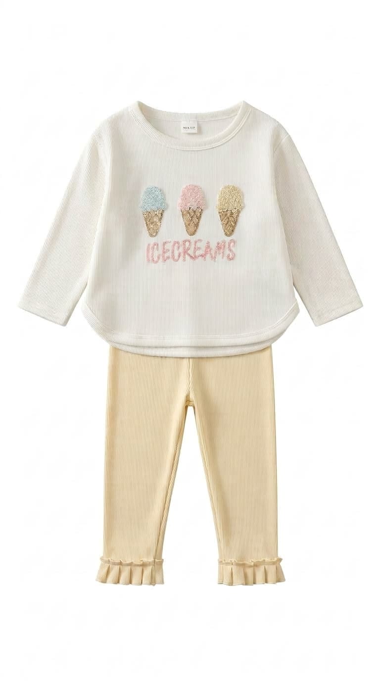 CONJUNTO BLANCO PARA NIÑA CON HELADOS BORDADOS — conjunto para niña