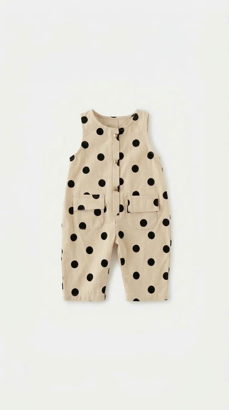 OVEROL BEIGE PARA NIÑA CON LUNARES Y BOTONES DORADOS — enterizo para niña