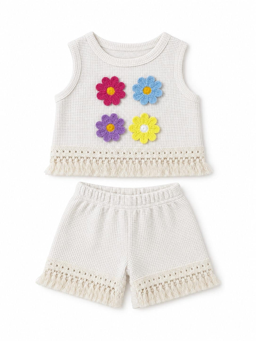 CONJUNTO FLORES TEJIDAS CON FLECOS — conjunto para niña