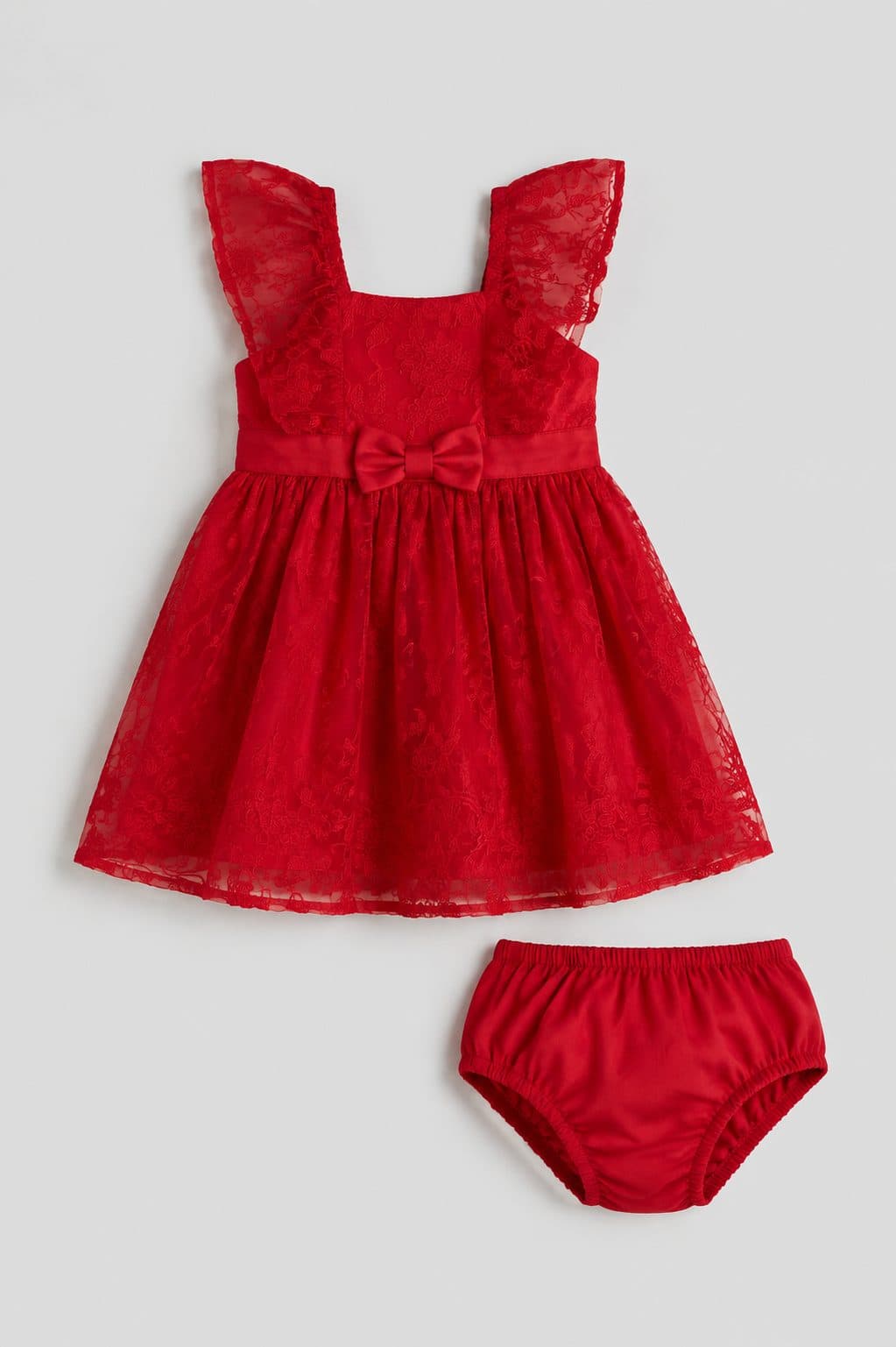 VESTIDO ROJO DE ENCAJE CON BOMBACHITA — vestido para niña