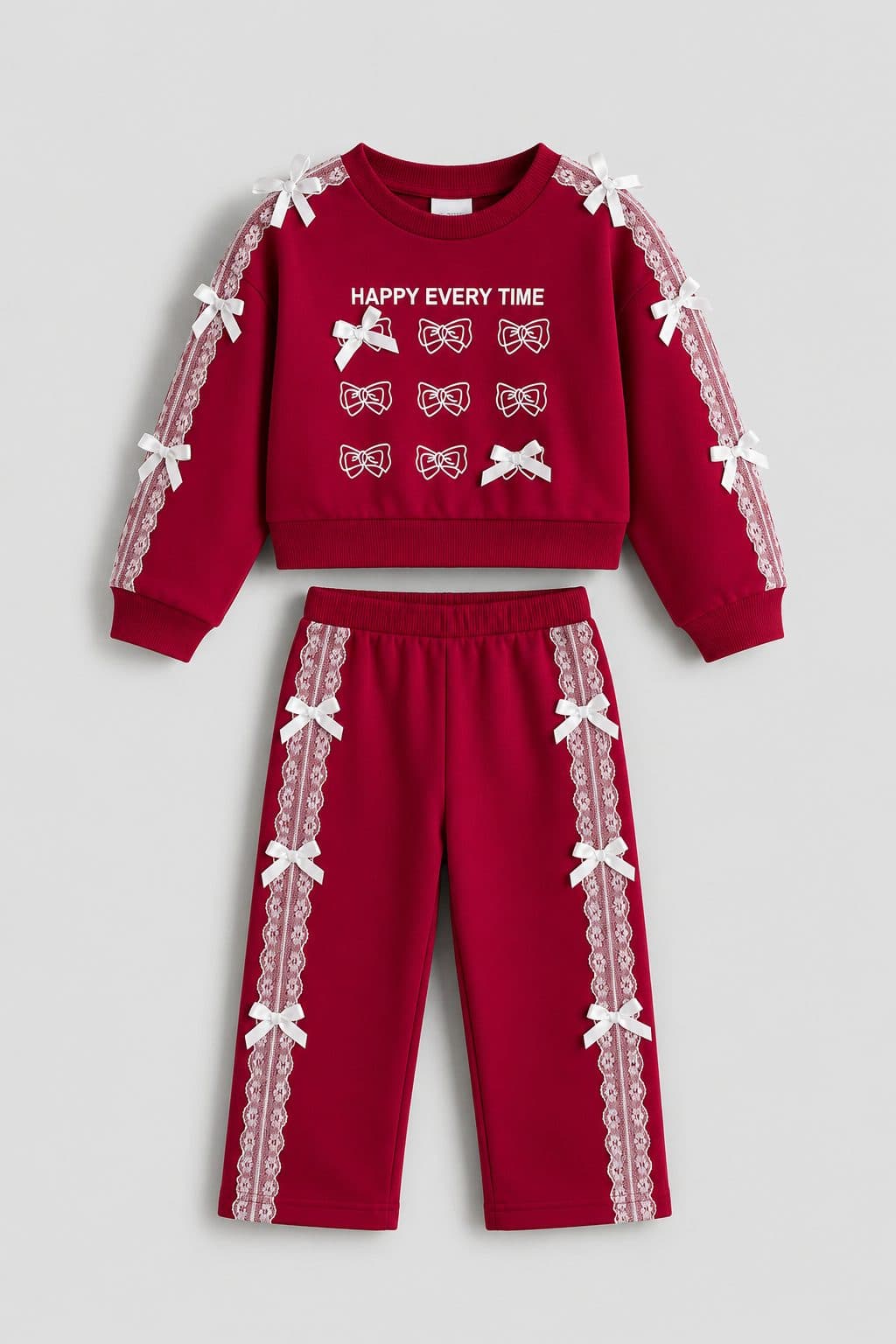 CONJUNTO ROJO CON ENCAJE Y LAZOS — conjunto para niña