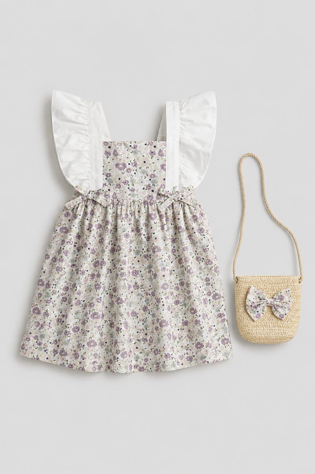 VESTIDO FLORES LILA CON CARTERA — vestido para niña