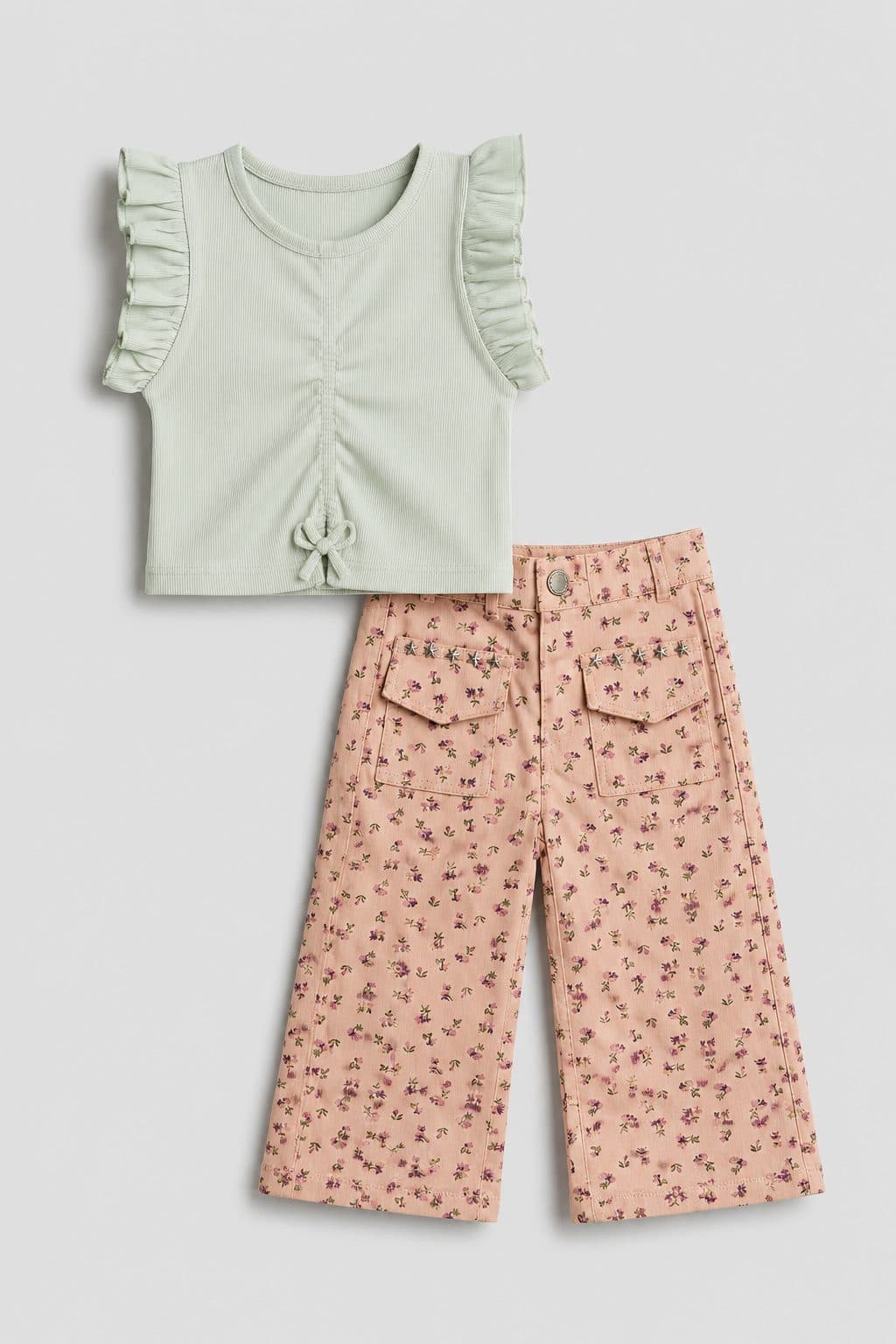 CONJUNTO POLO VERDE Y PANTALÓN FLORES — conjunto para niña