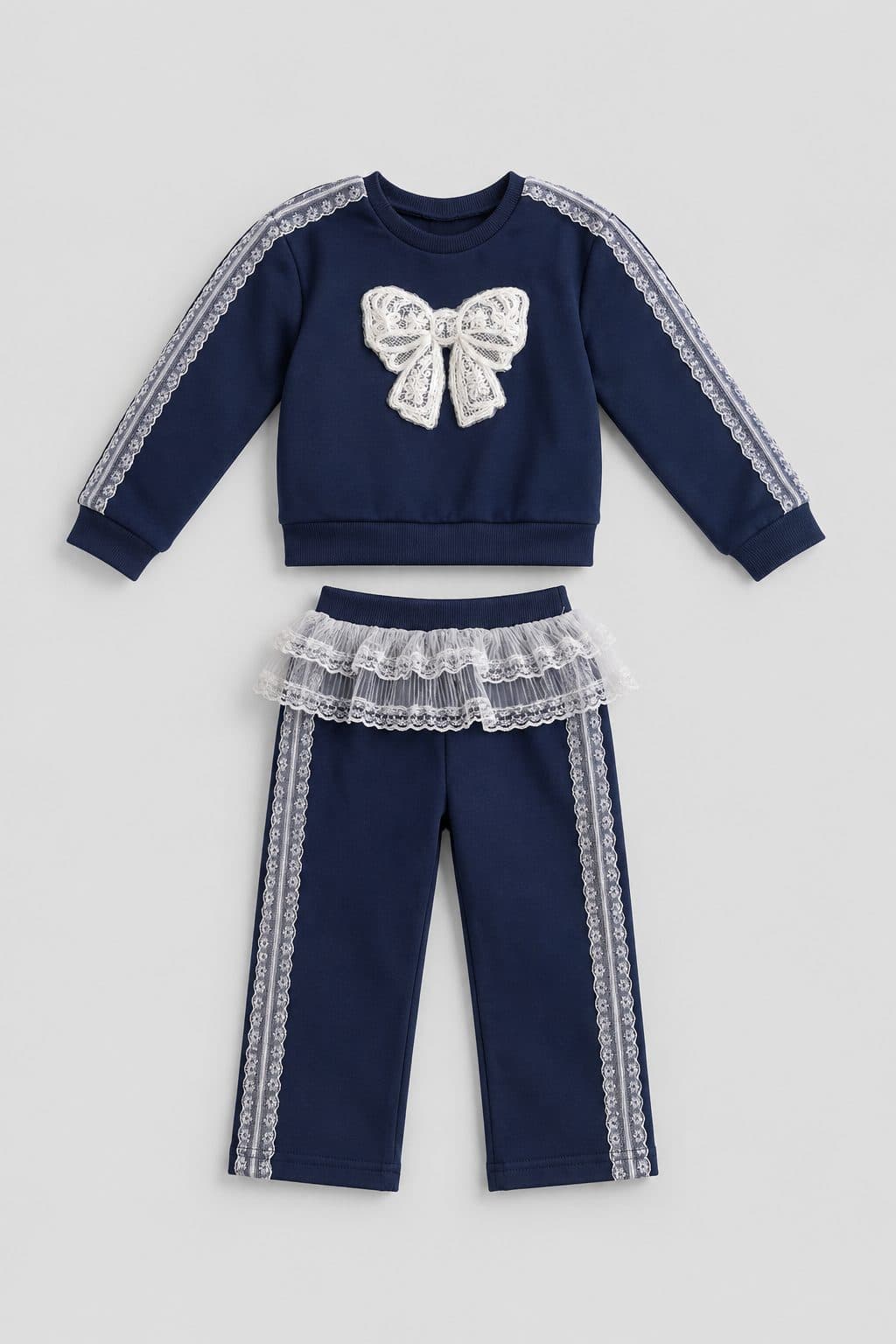 CONJUNTO AZUL CON ENCAJE Y LAZO — conjunto para niña