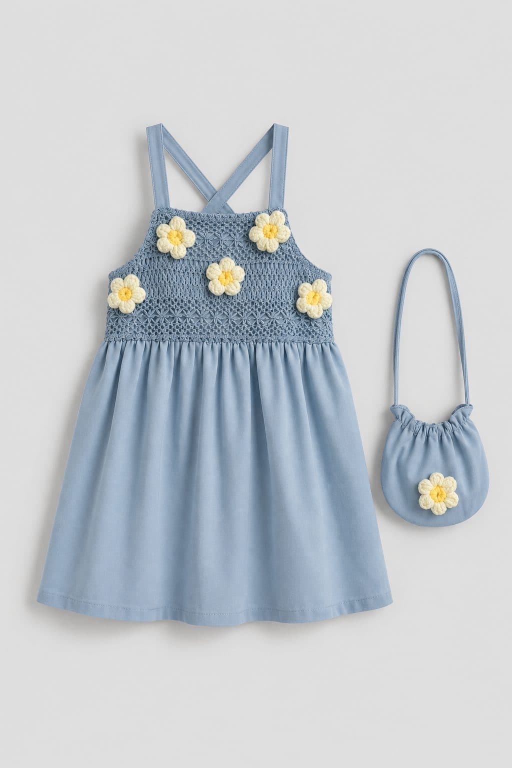 VESTIDO CELESTE TEJIDO CON CARTERA — vestido para niña