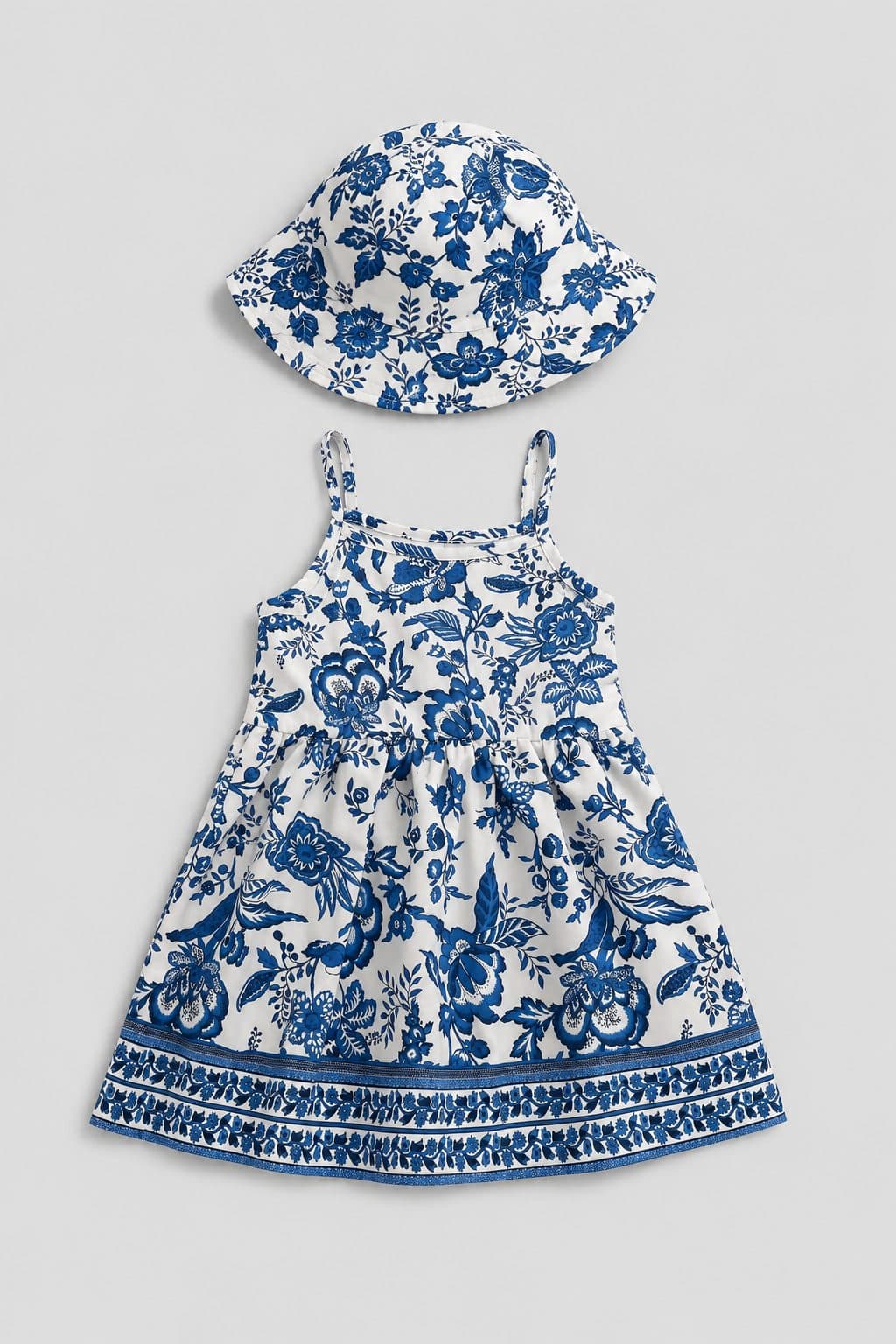 VESTIDO FLORES AZULES CON SOMBRERO — vestido para niña