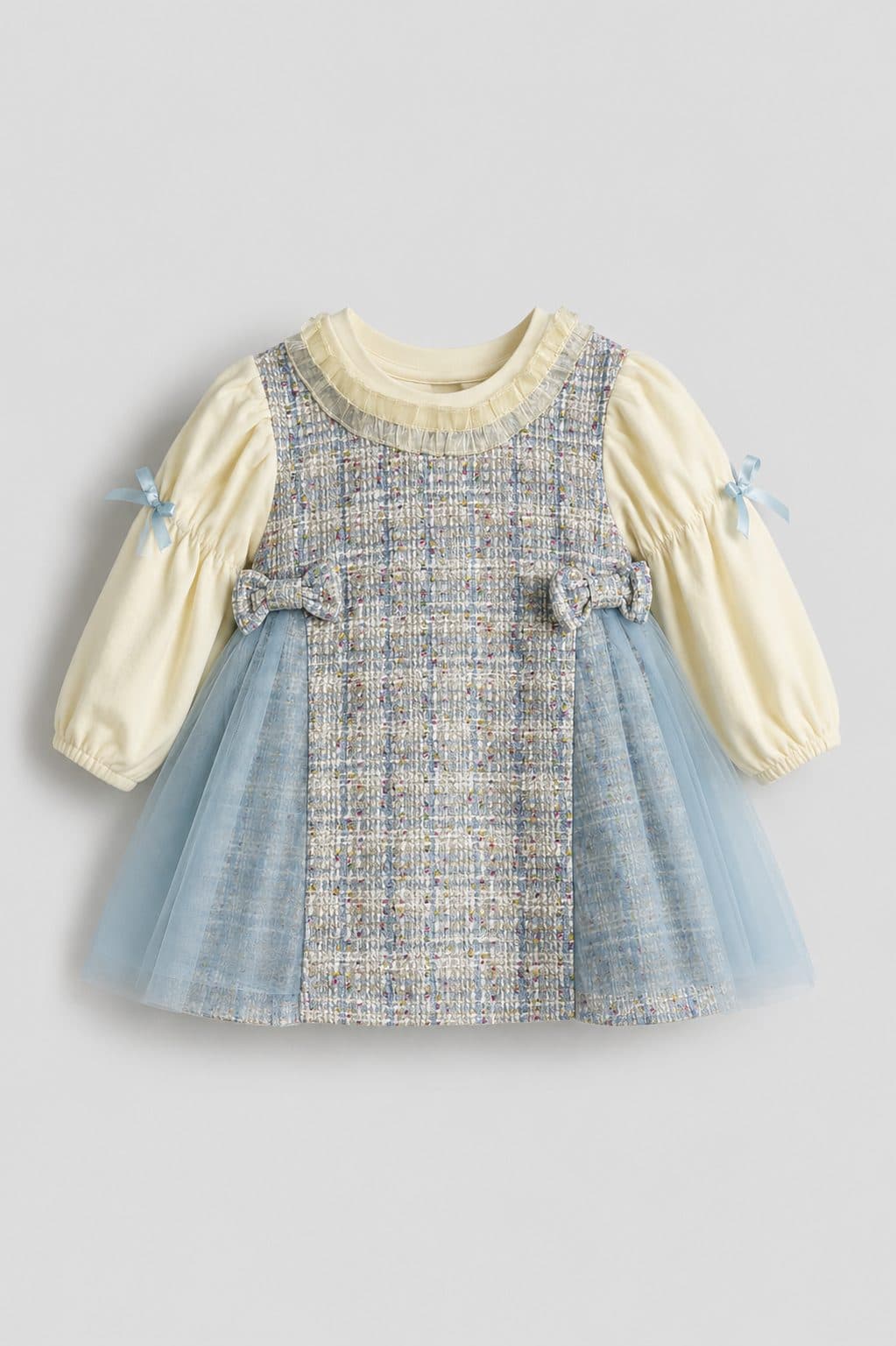 VESTIDO CELESTE CON TUL Y LAZOS — vestido para niña