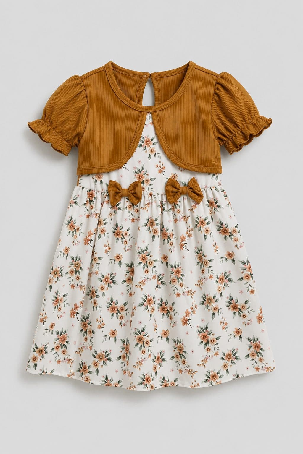 VESTIDO FLORES CON TORERA MOSTAZA — vestido para niña