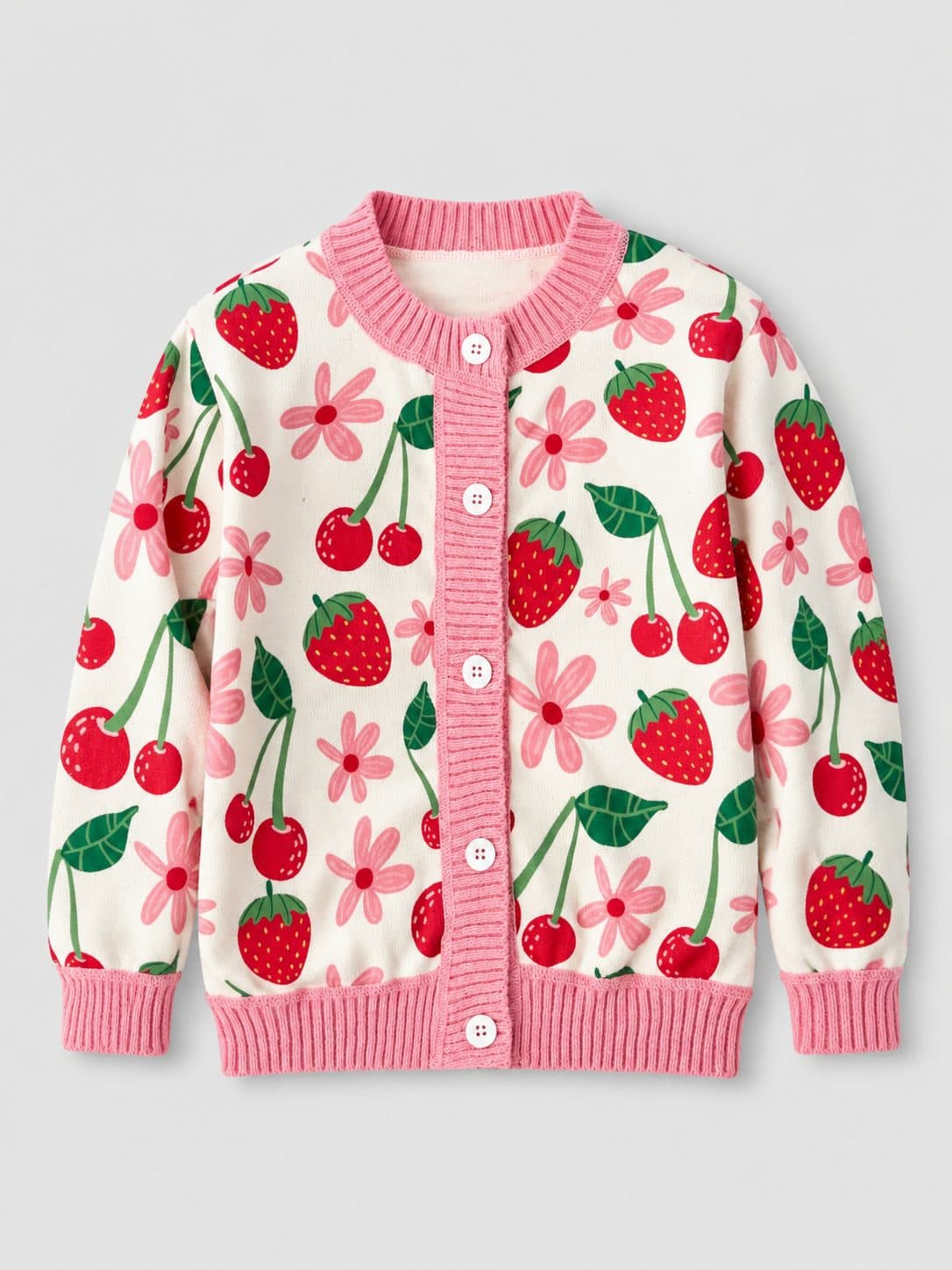 CHOMPA TEJIDA CON FRESAS Y CEREZAS — casaca para niña