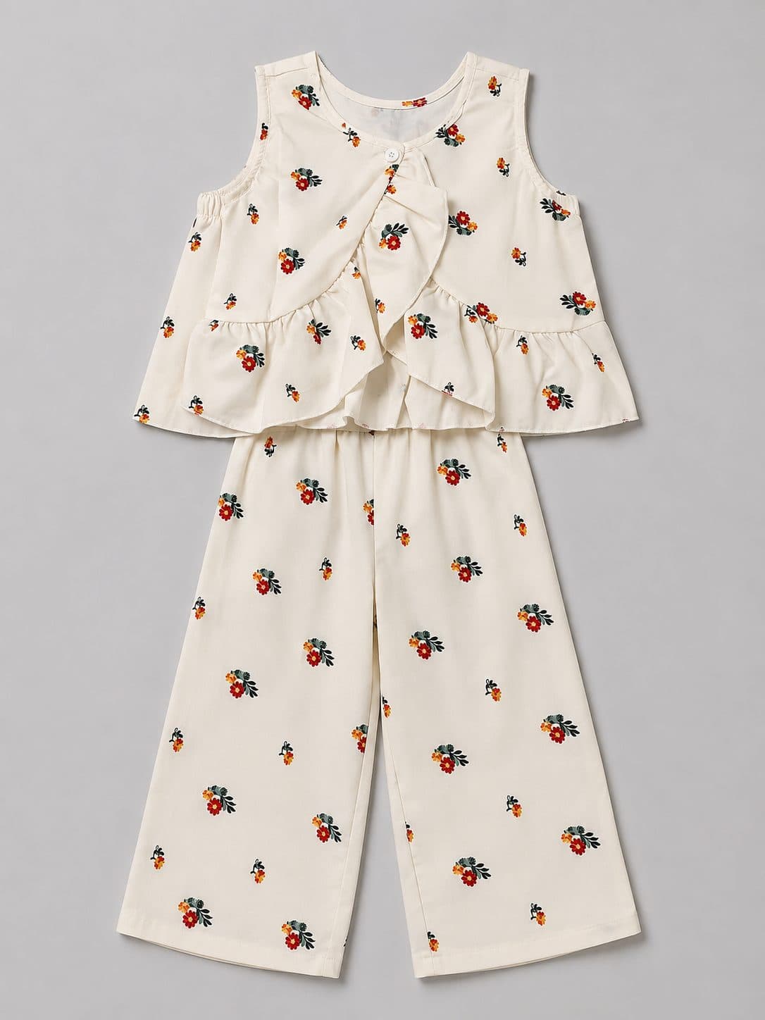 CONJUNTO BLUSA CON VOLANTES Y PANTALÓN ANCHO FLOREADO — conjunto para niña