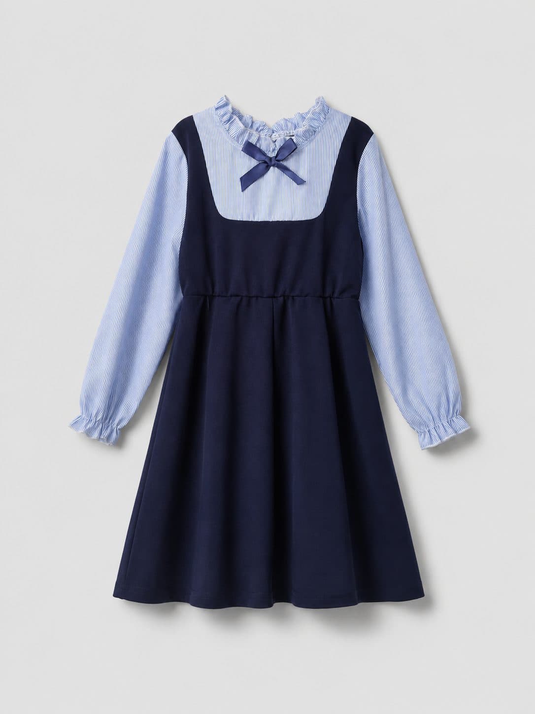 VESTIDO AZUL MARINO CON BLUSA A RAYAS — vestido para niña