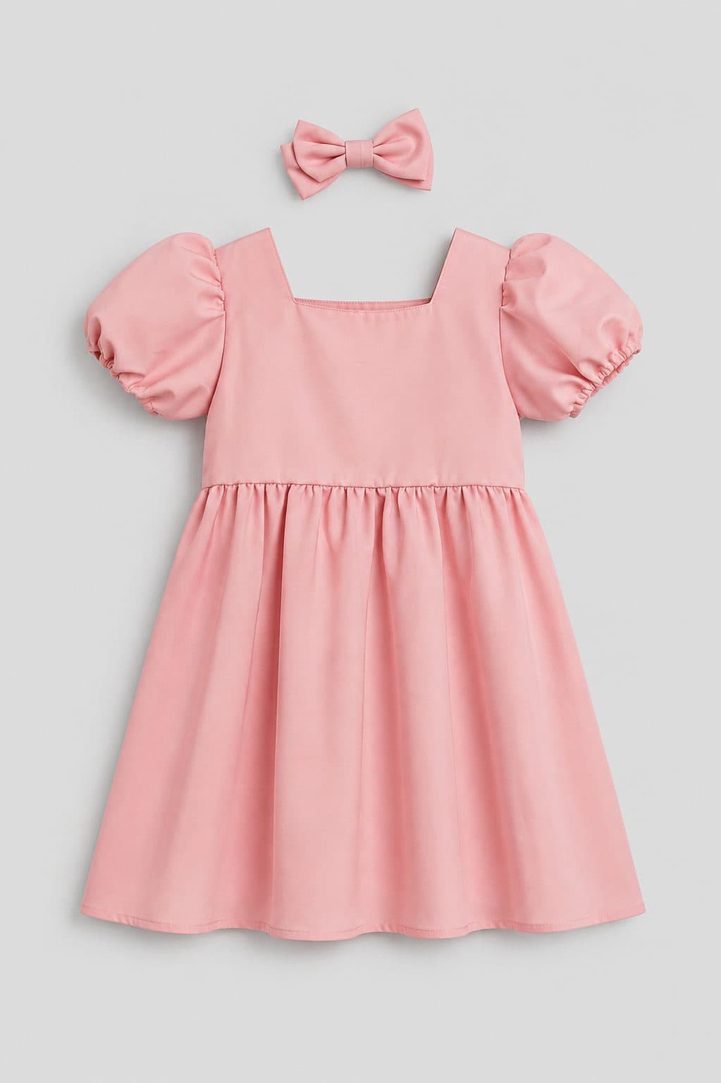 VESTIDO ROSADO CON MANGA ABOMBADA Y MOÑO — vestido para niña